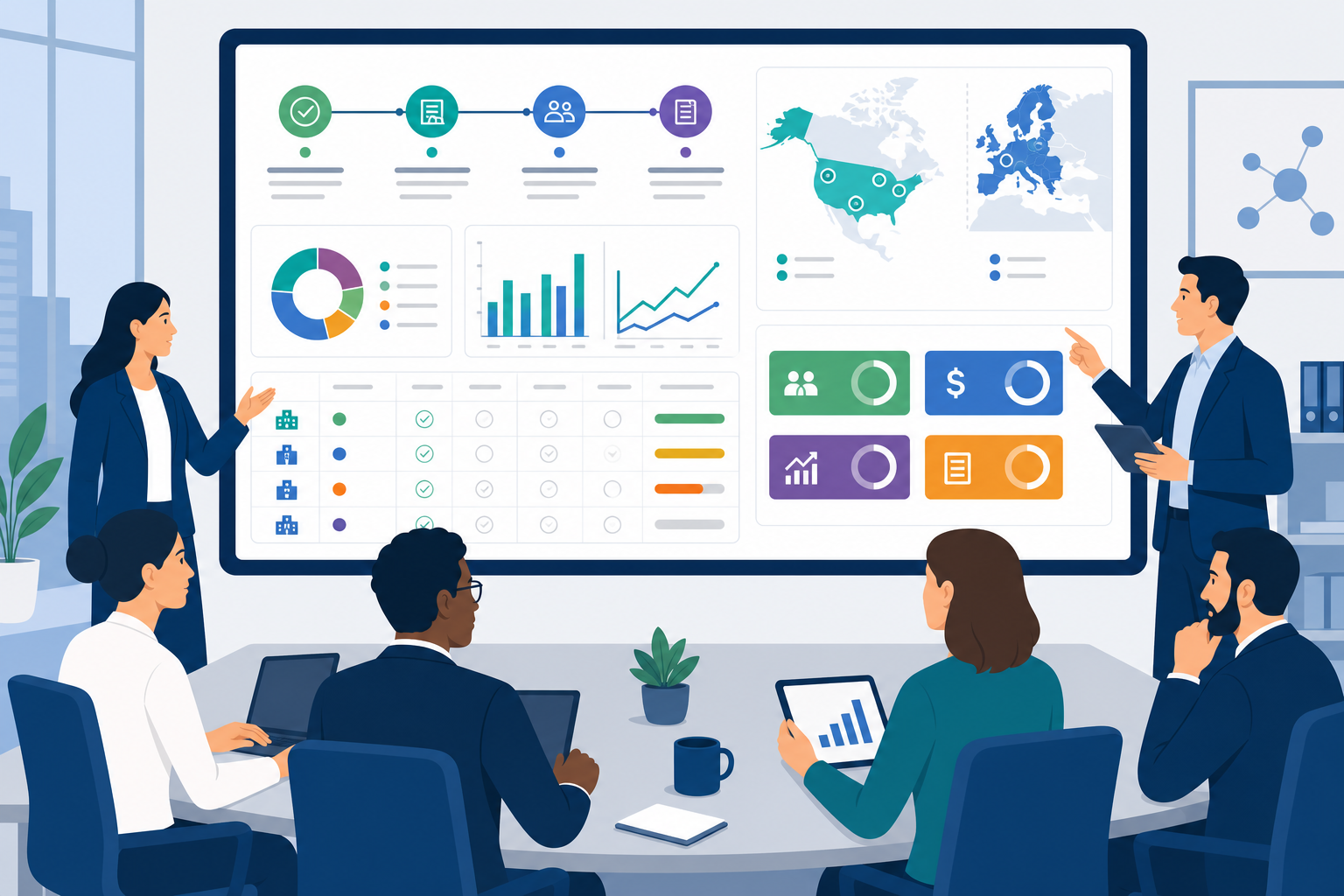 Clinical operations and trial finance leaders reviewing a generic dashboard connecting startup milestones, site payments, accruals, and transparency reporting across US and EU study sites.