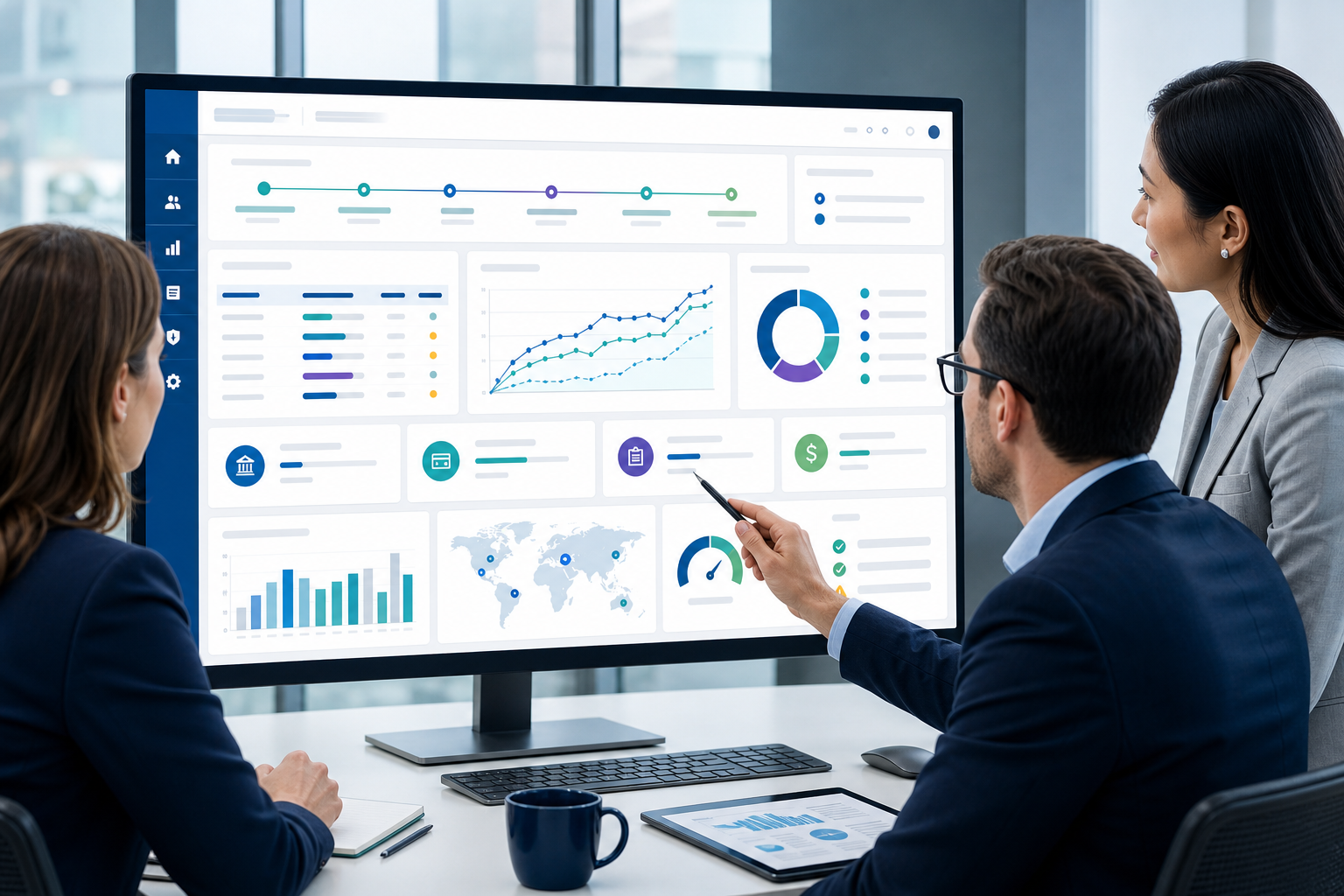 Clinical operations and trial finance leaders reviewing one unified platform with trial milestones, site payments, accrual trends, and compliance indicators, with no logos or readable text.