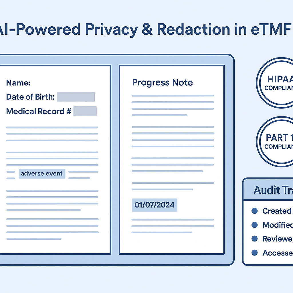 AI redaction in eTMF showing PHI/PII highlights, explainable boxes, and compliance badges