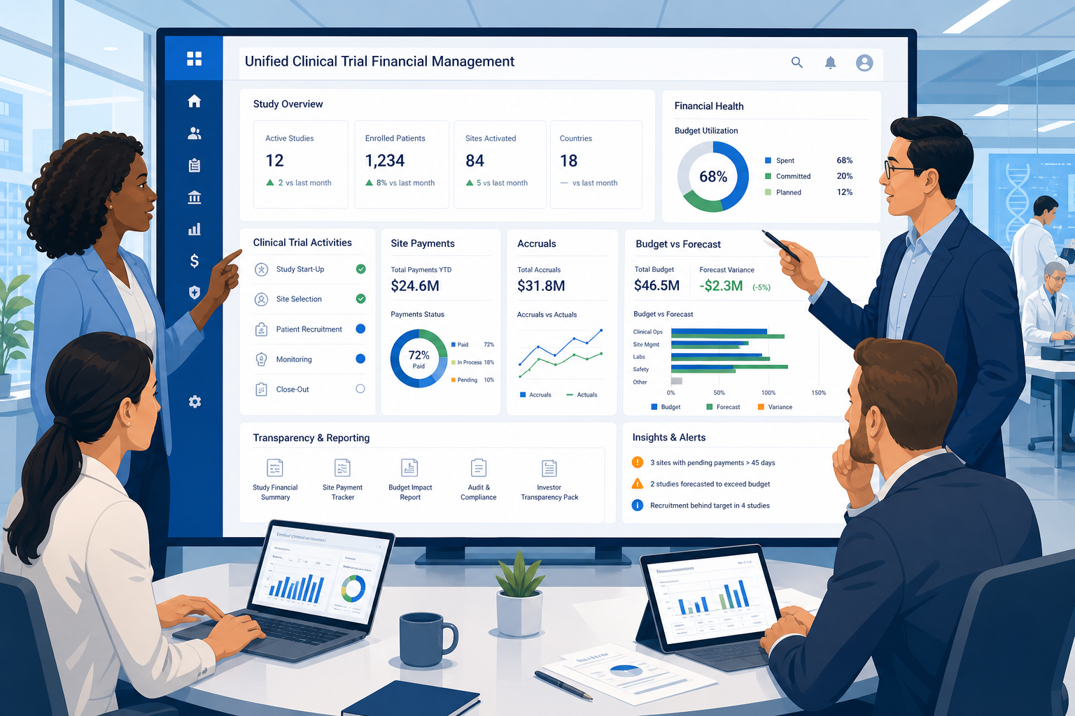 Clinical operations and finance leaders reviewing a unified platform with trial activities, site payments, accruals, and transparency reporting.