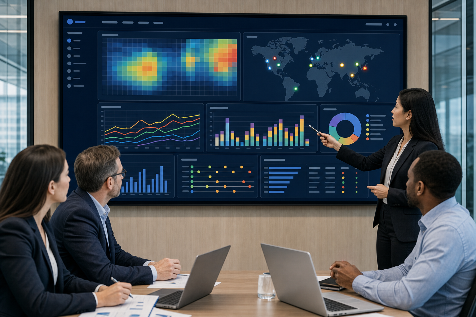 Clinical operations leaders reviewing a CTMS dashboard with heatmaps and timelines that highlight protocol deviation patterns across global trial sites, with no logos or readable text visible.