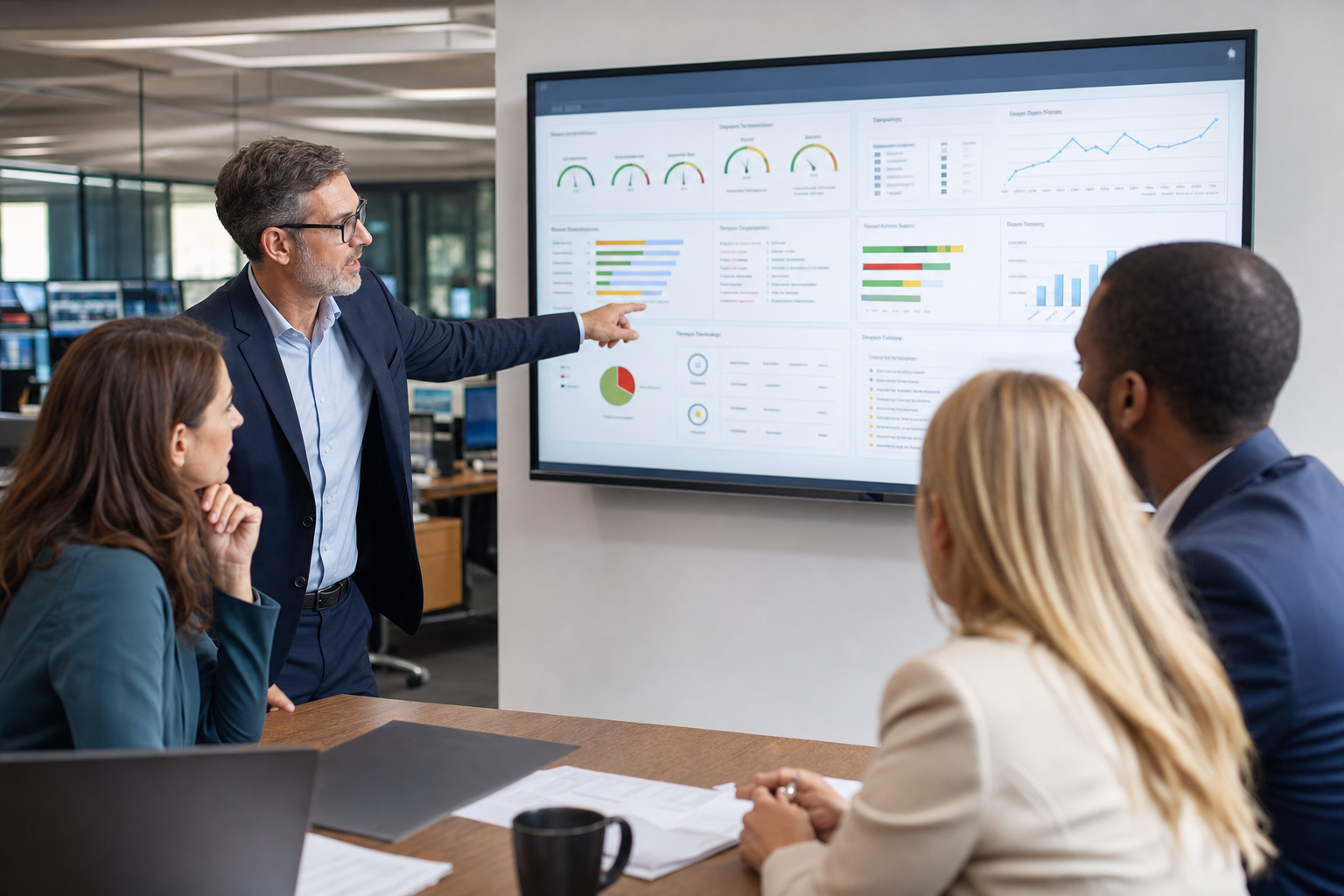 Senior clinical operations leaders reviewing real-time KRI dashboards and risk-based monitoring signals on a unified Salesforce-native clinical trial platform, with startup, finance, and document readiness context visible together, and no logos or readable text.