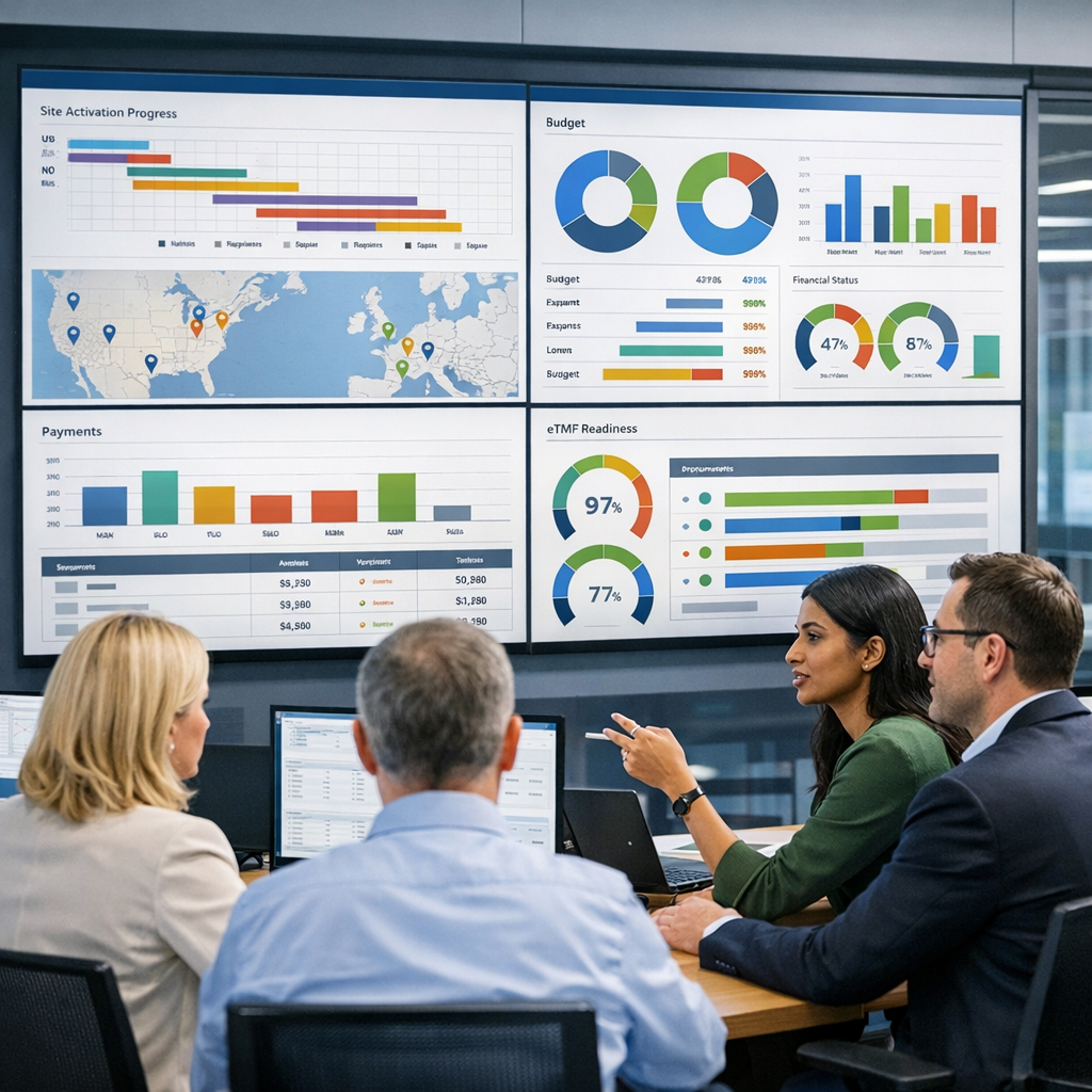 Clinical operations and finance leaders in a modern digital command center viewing a Salesforce-style dashboard that unifies CTMS site activation timelines, clinical trial budgets, site payments, and eTMF readiness indicators across US and EU sites, with no logos or readable text.