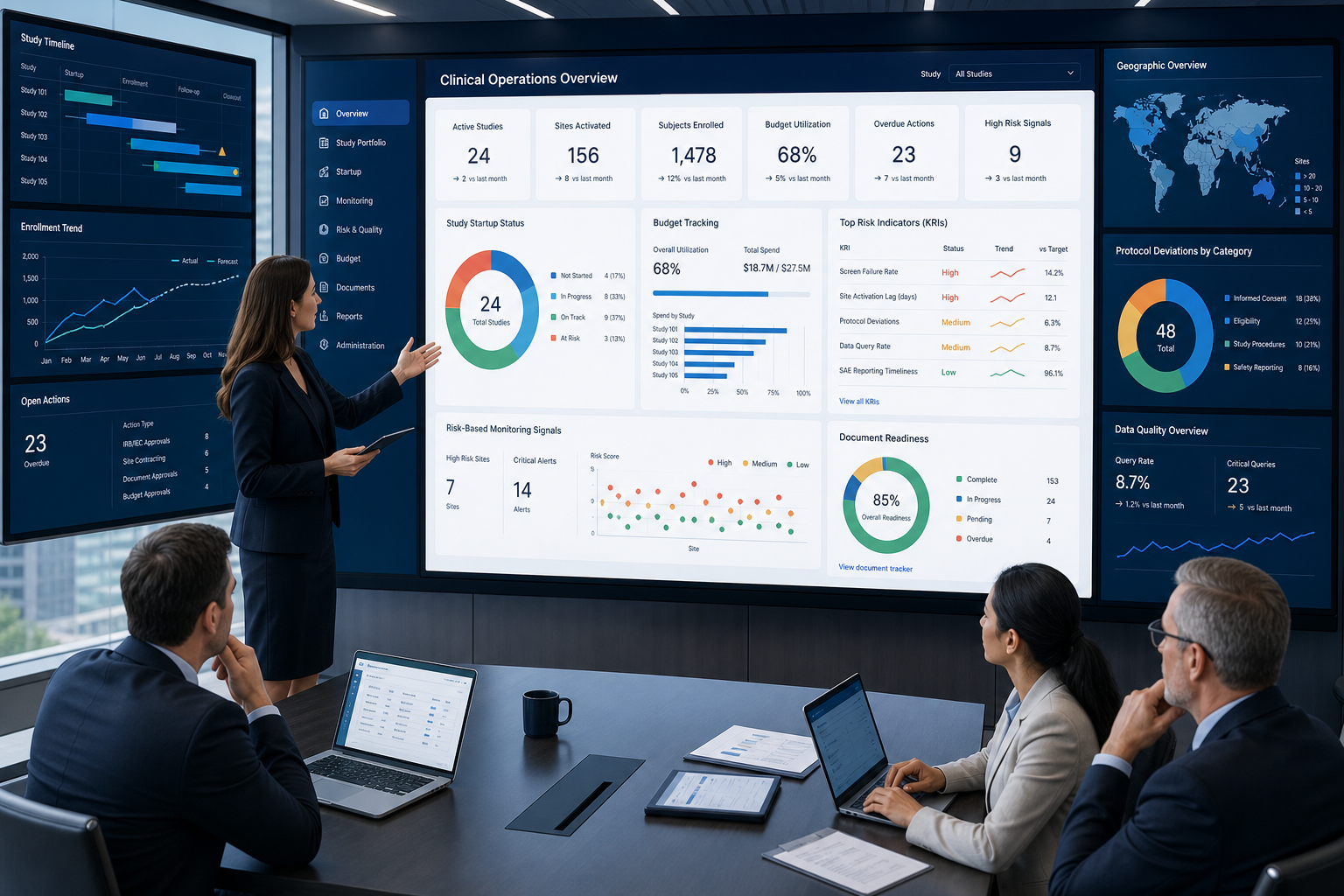 Senior clinical operations leaders reviewing real-time KRI dashboards and risk-based monitoring signals with startup, budget, and document readiness context on a unified clinical trial platform, with no logos or readable text.