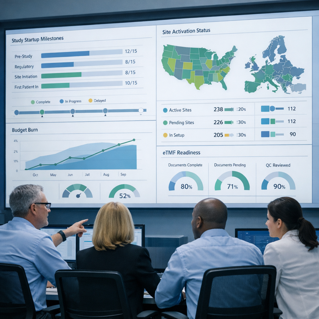 Clinical operations leaders in a modern command center reviewing a unified Salesforce-style dashboard that shows CTMS site activation timelines, budget burn, and eTMF readiness across US and EU trials.