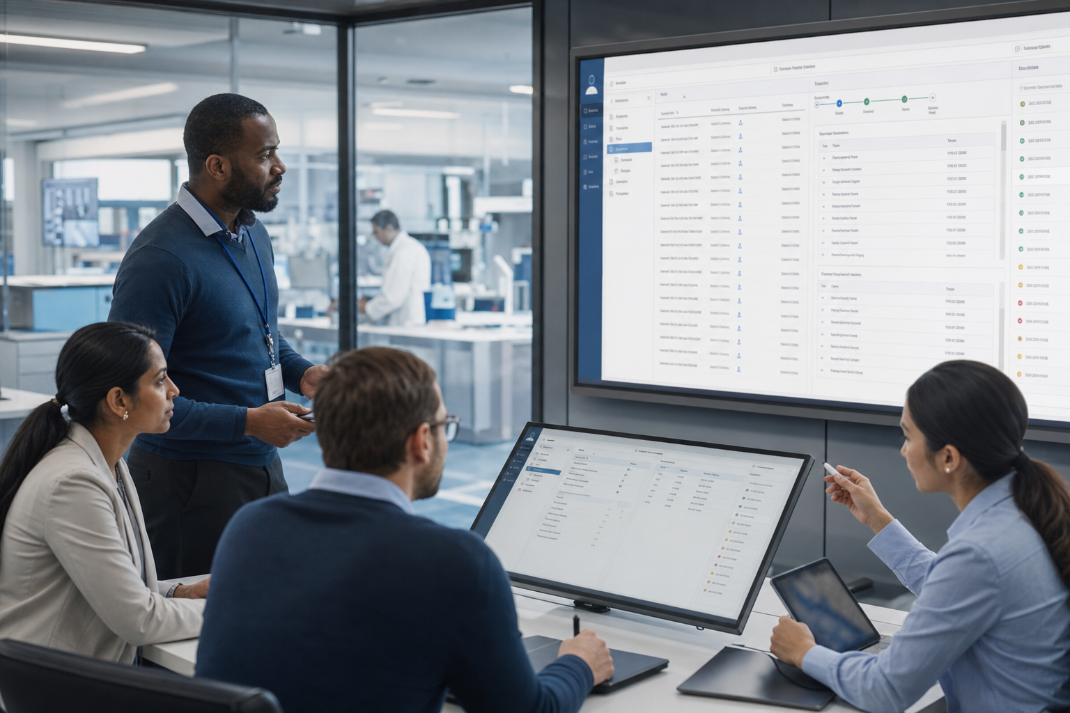 Clinical quality and IT validation leaders reviewing a unified CTMS and eTMF platform with validation evidence, audit trail panels, and document workflows in a secure life sciences operations room.