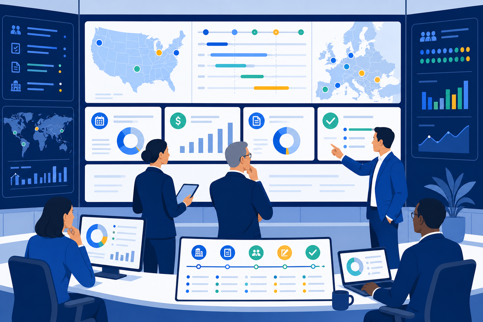 Senior clinical operations and trial finance leaders reviewing a unified dashboard for site activation timelines, budget milestones, document readiness, and startup signals across US and European trial sites, with no logos or readable text.