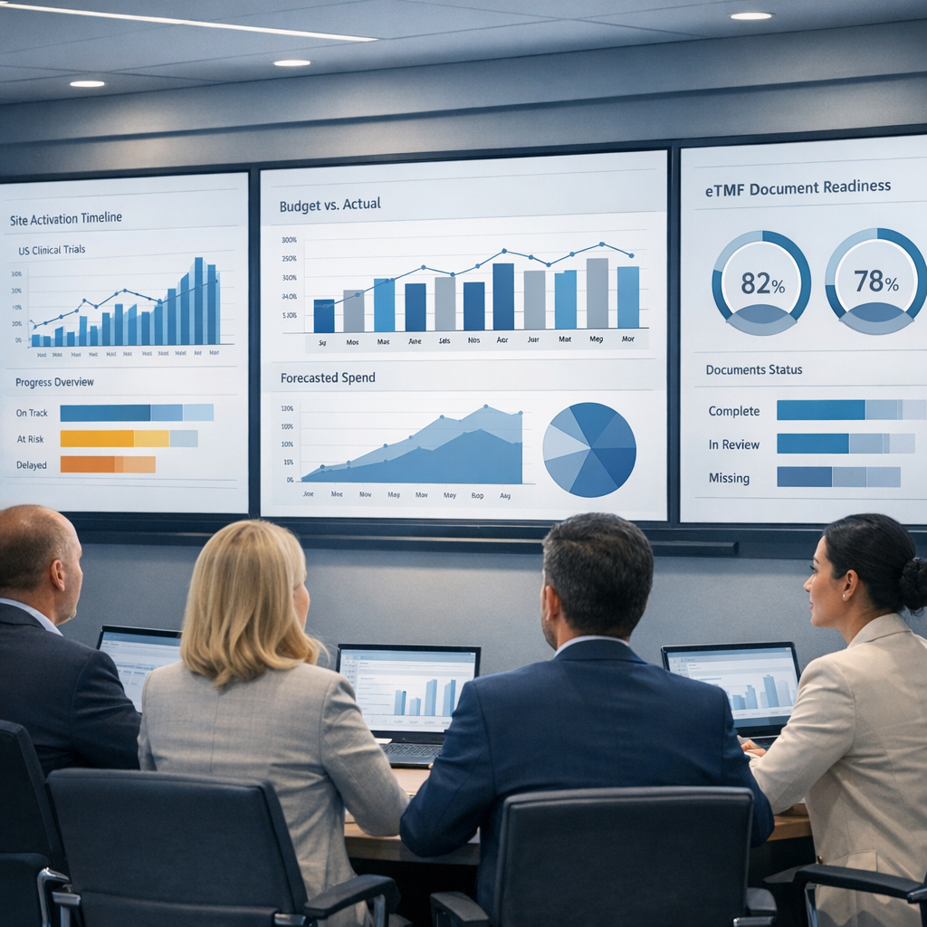 Clinical Operations leaders in a digital operations room viewing a Salesforce-style dashboard that unifies US and EU site activation timelines, budgets, and eTMF readiness indicators, with no logos or readable text.