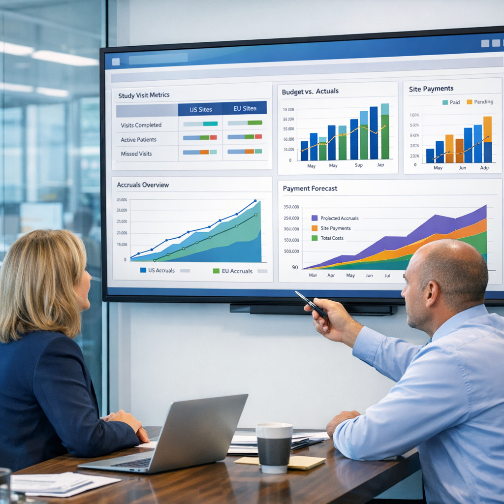 Clinical operations VP and project manager in a glass-walled office reviewing a Salesforce-style financial dashboard that connects CTMS visit data to clinical trial budgets, site payments, and accrual curves across US and EU sites, with charts and maps but no visible logos or text.