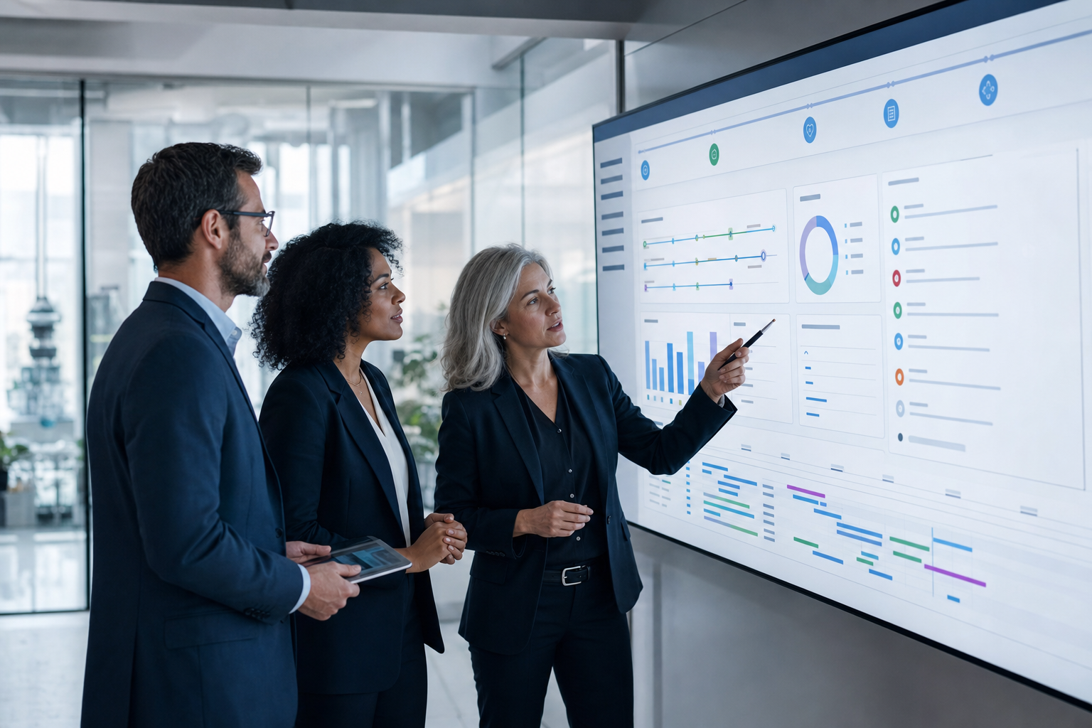 Clinical operations and trial finance leaders analyzing a unified dashboard connecting study activities, site payments, accruals, and transparency controls, with no logos or readable text.