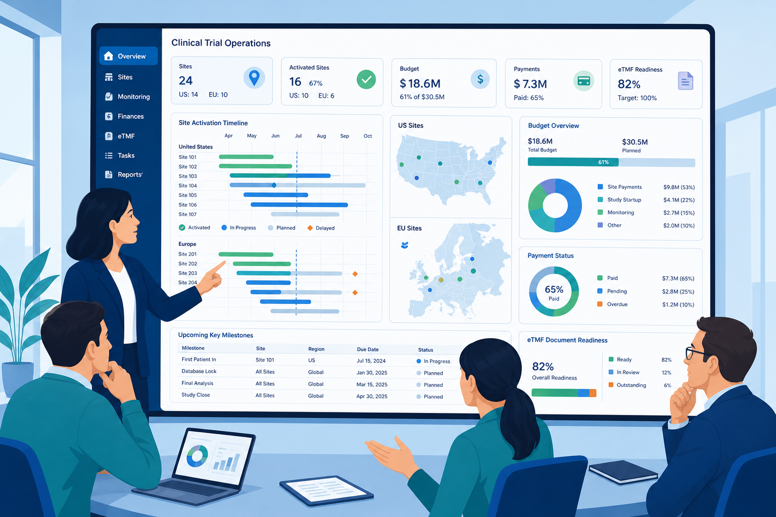 Clinical operations leaders reviewing a unified dashboard with site activation timelines, budget indicators, and document readiness across US and Europe study sites.
