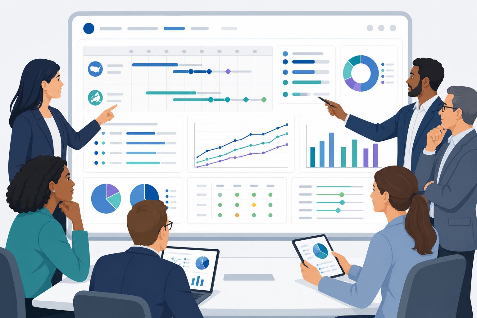 3:2 illustration of Clinical Operations leaders and Clinical Project Managers at biotech sponsors and CROs in the US and EU reviewing a unified Salesforce-style dashboard that shows site activation timelines by country, study milestones, clinical trial budgets, site payments, accrual curves, and eTMF readiness indicators, with charts visible but not readable and no logos or text.