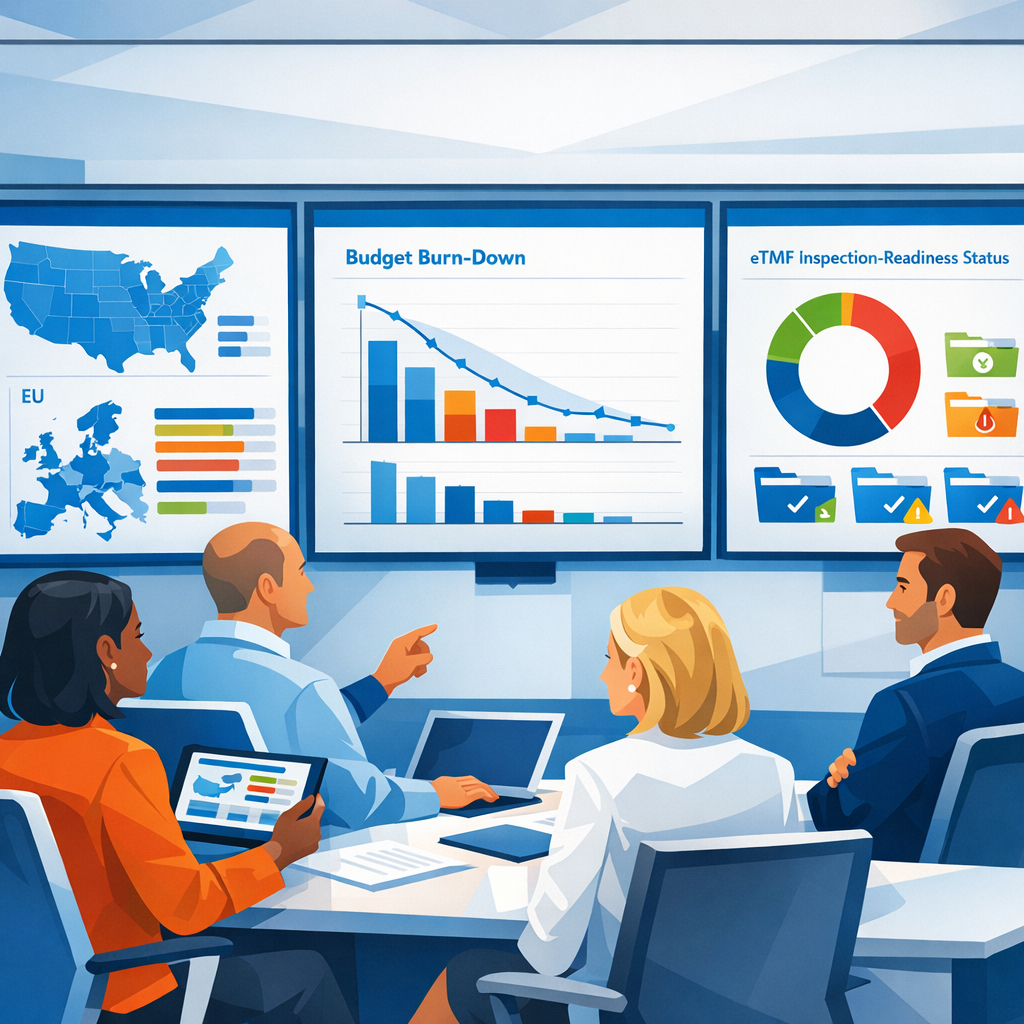 Clinical operations leaders reviewing a Salesforce-native CTMS dashboard with global site activation timelines, budget charts, and eTMF readiness indicators in a modern war-room setting.