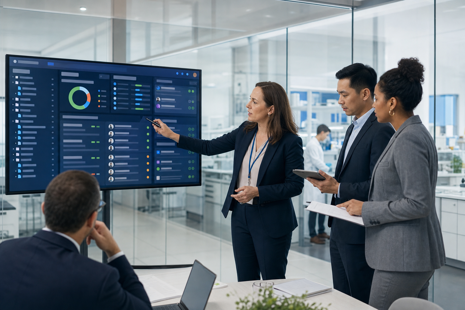 Regulatory affairs and quality leaders reviewing an electronic trial master file metadata dashboard with document classification, reviewer and approver fields, version control indicators, and inspection readiness cues on a modern enterprise interface.