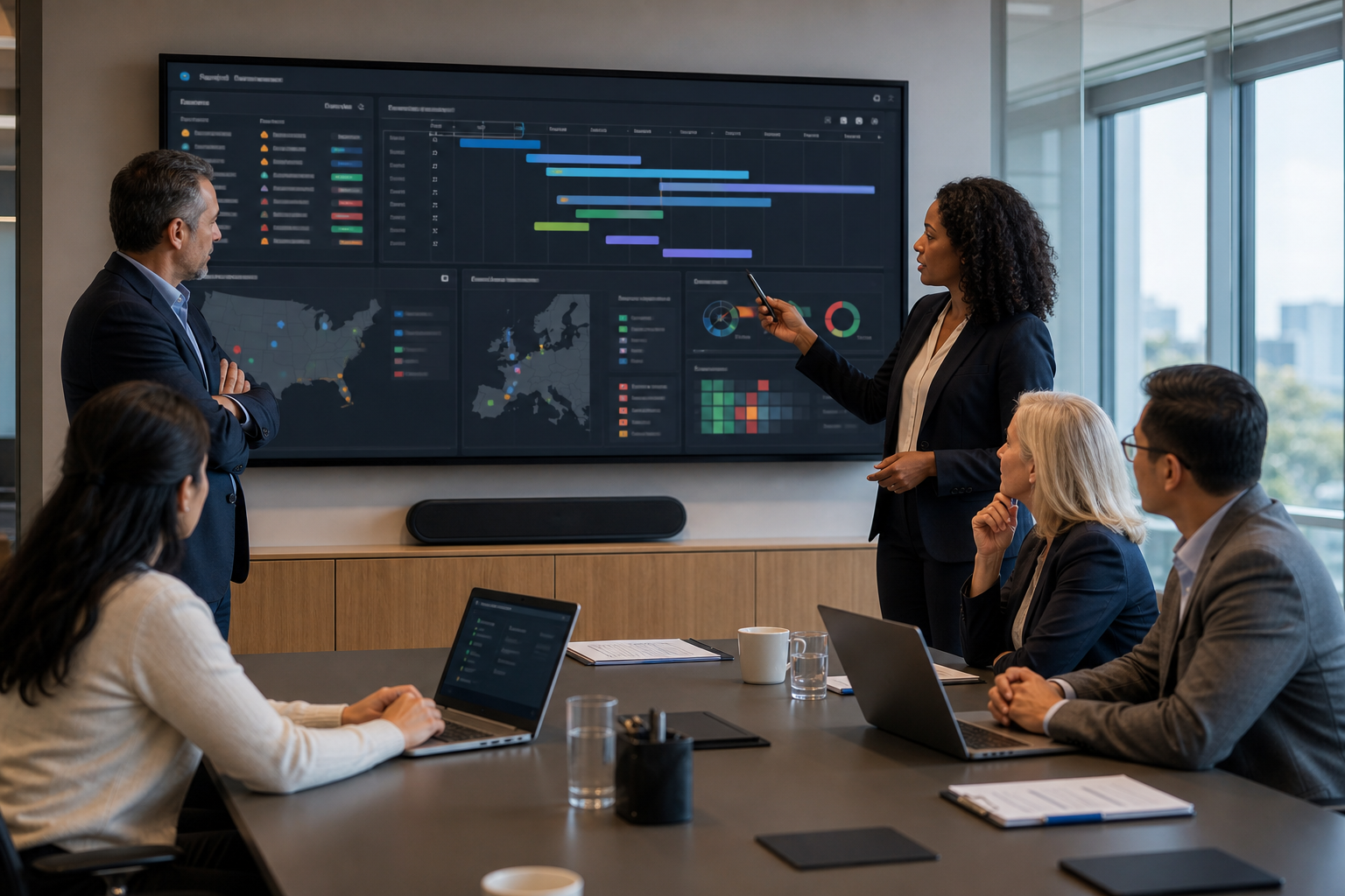 Clinical operations leaders in a modern life sciences operations room reviewing a unified dashboard with site activation timelines, budget indicators, document readiness signals, and risk metrics across US and European sites, with no logos or readable product names.