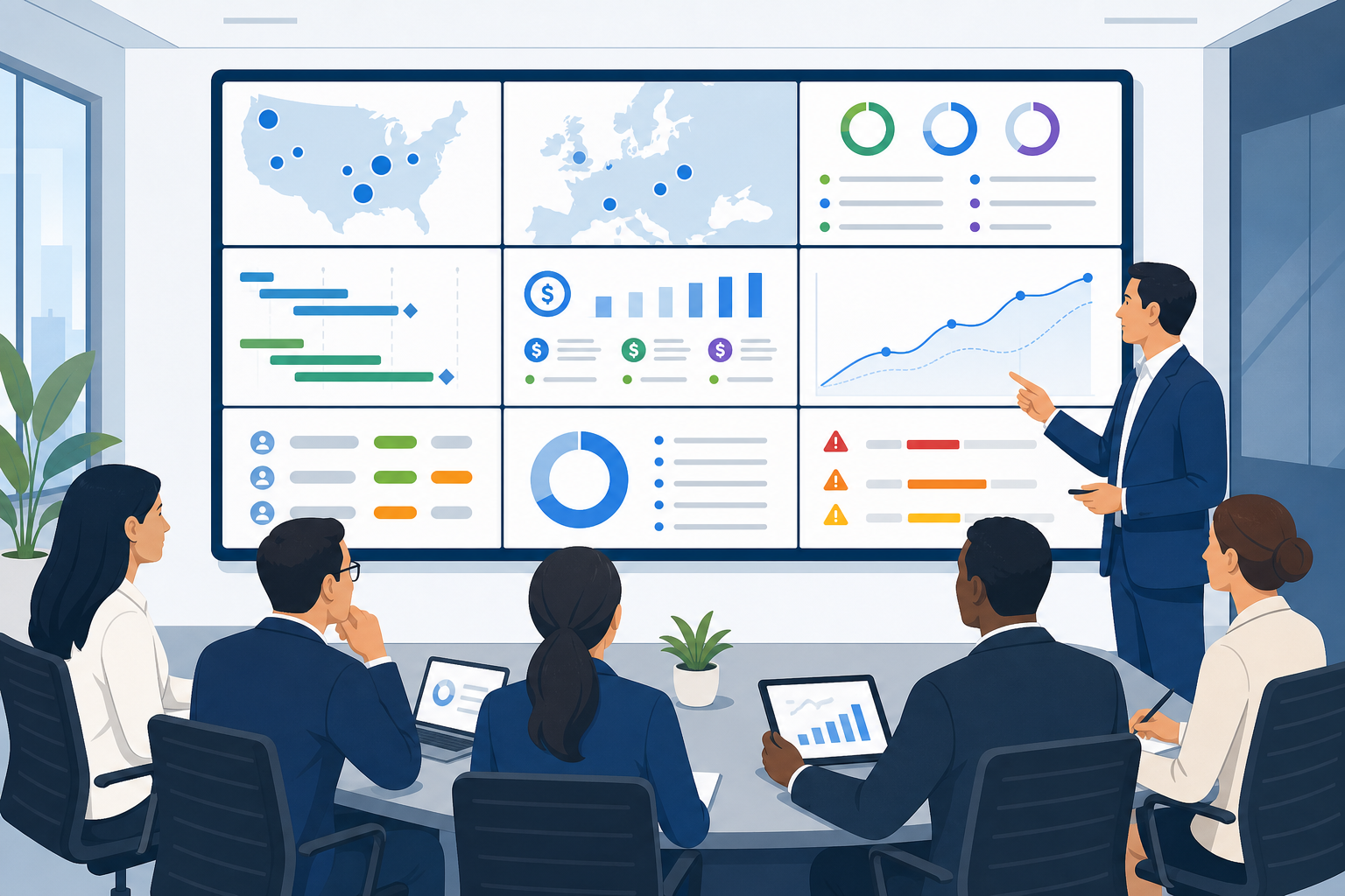 Clinical operations leaders reviewing a generic unified dashboard with site activation timelines, budget indicators, site payments, accrual trends, eTMF readiness, and risk signals in a modern biotech setting.