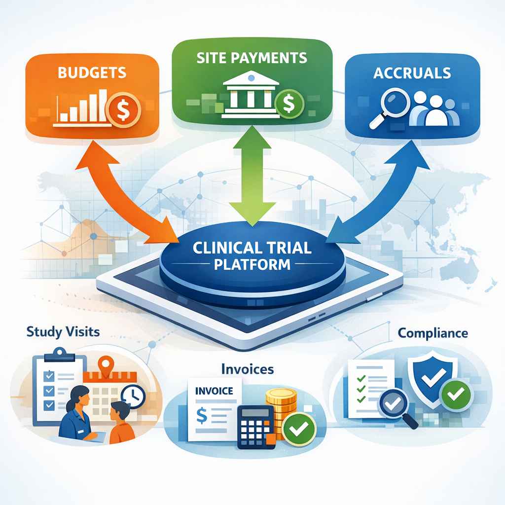 Clinical operations and clinical finance leaders reviewing a Salesforce-native dashboard that links CTMS visit data, budgets, site payments, and transparency metrics in a single view.