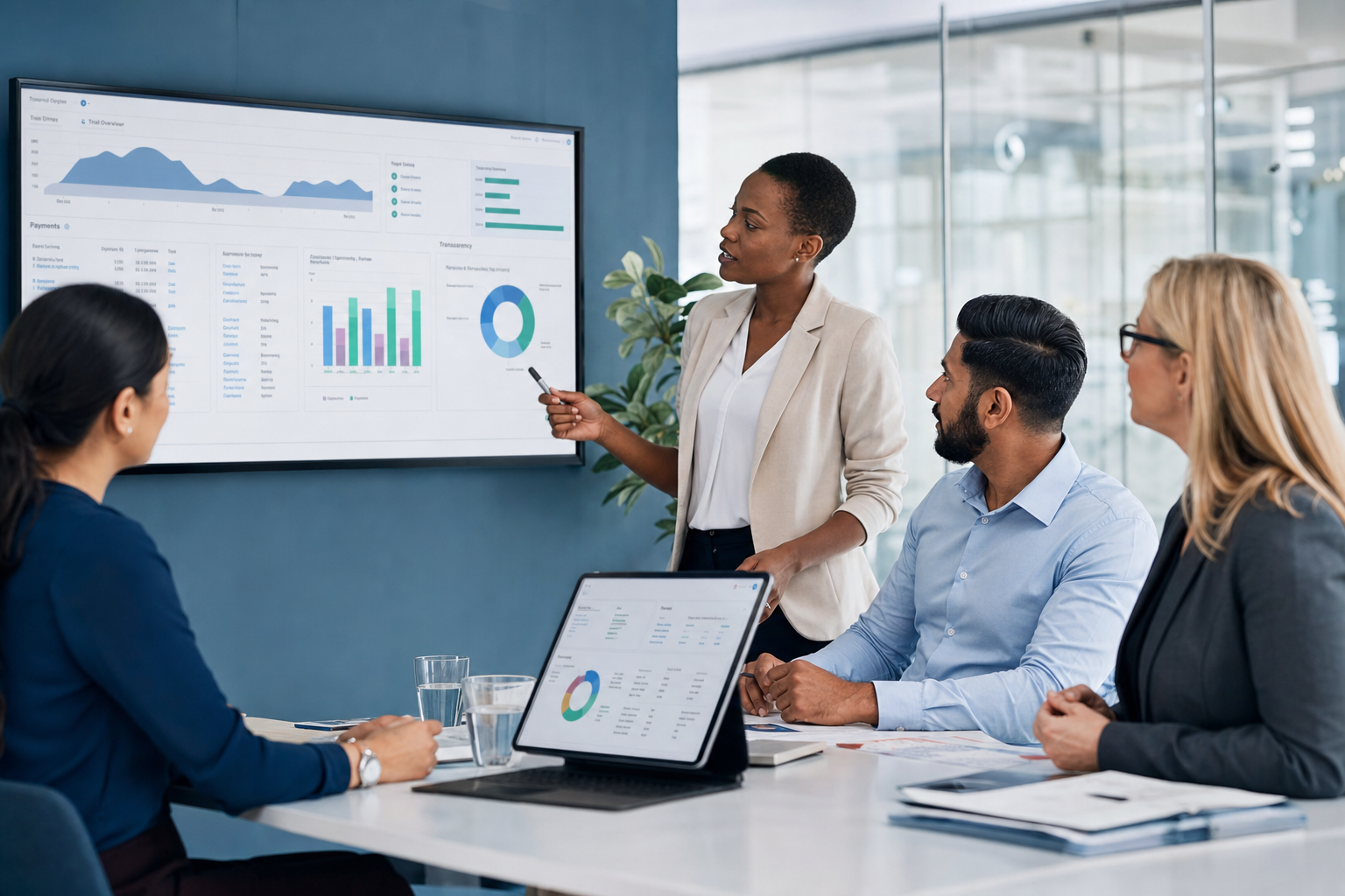 Clinical operations and trial finance leaders collaborating around one unified dashboard connecting trial activities, site payments, accruals, invoicing, and transparency tracking, with no logos or readable text.