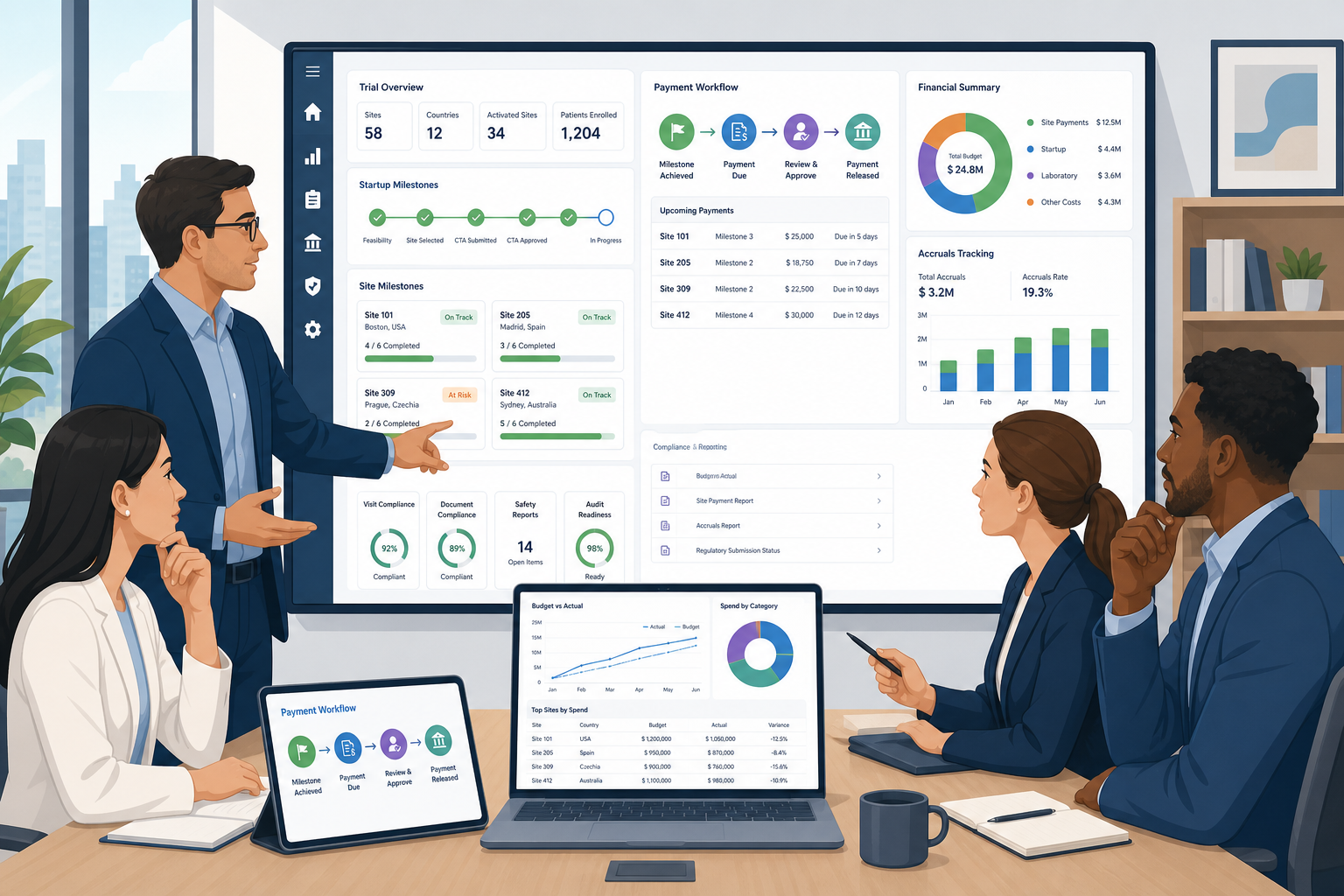 Clinical operations and trial finance leaders reviewing a unified platform that connects startup milestones, site payments, accruals, and compliance reporting.