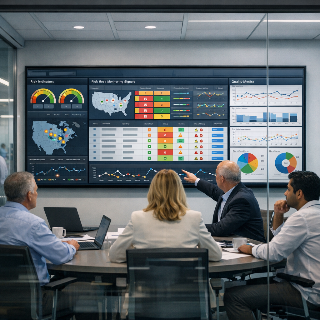Clinical and data leaders in a glass-walled operations room reviewing a wide Salesforce-style dashboard of KRIs, risk-based monitoring indicators, and ICH E6(R3) quality metrics across US and EU clinical trials, with no logos or readable text.