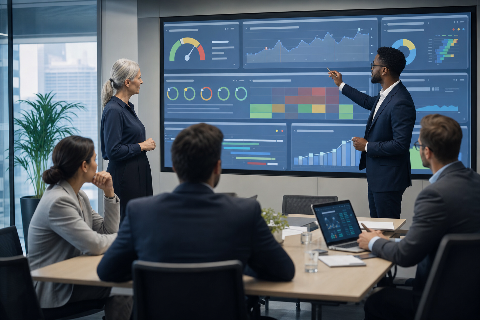 Executives reviewing real-time KRI dashboards and risk-based monitoring signals with startup, budget, and eTMF readiness context on one unified clinical trial platform, with no logos or readable text.