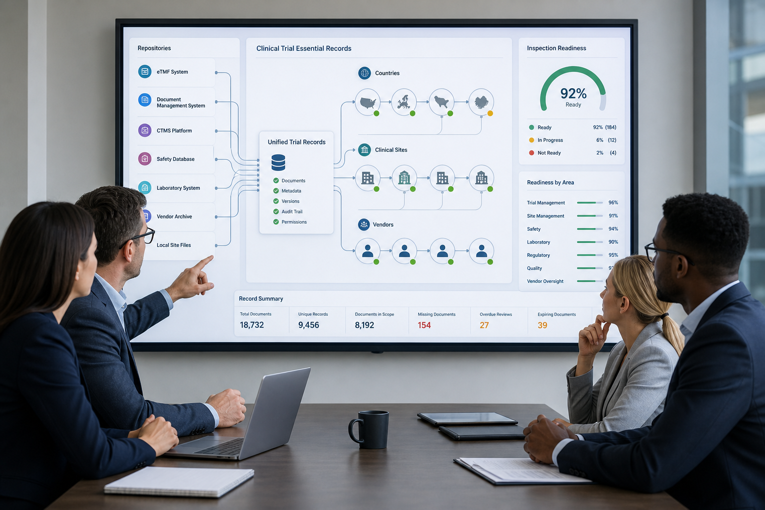 Senior Regulatory, Clinical Operations, and Quality leaders reviewing an electronic Trial Master File dashboard on a Salesforce-style interface, with document version chains, authors, reviewers, approvers, and ALCOA+ indicators clearly visualised; no logos or brand names are visible.