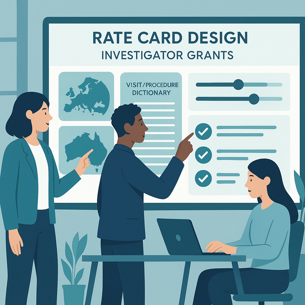 Clinical trial finance workspace showing investigator grant rate card design with visit/procedure dictionaries, pricing sliders, and compliance badges.