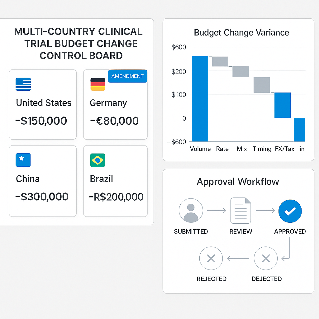 Multi-country clinical budget change control board with country cards, amendment flags, variance waterfall, and approval workflow.