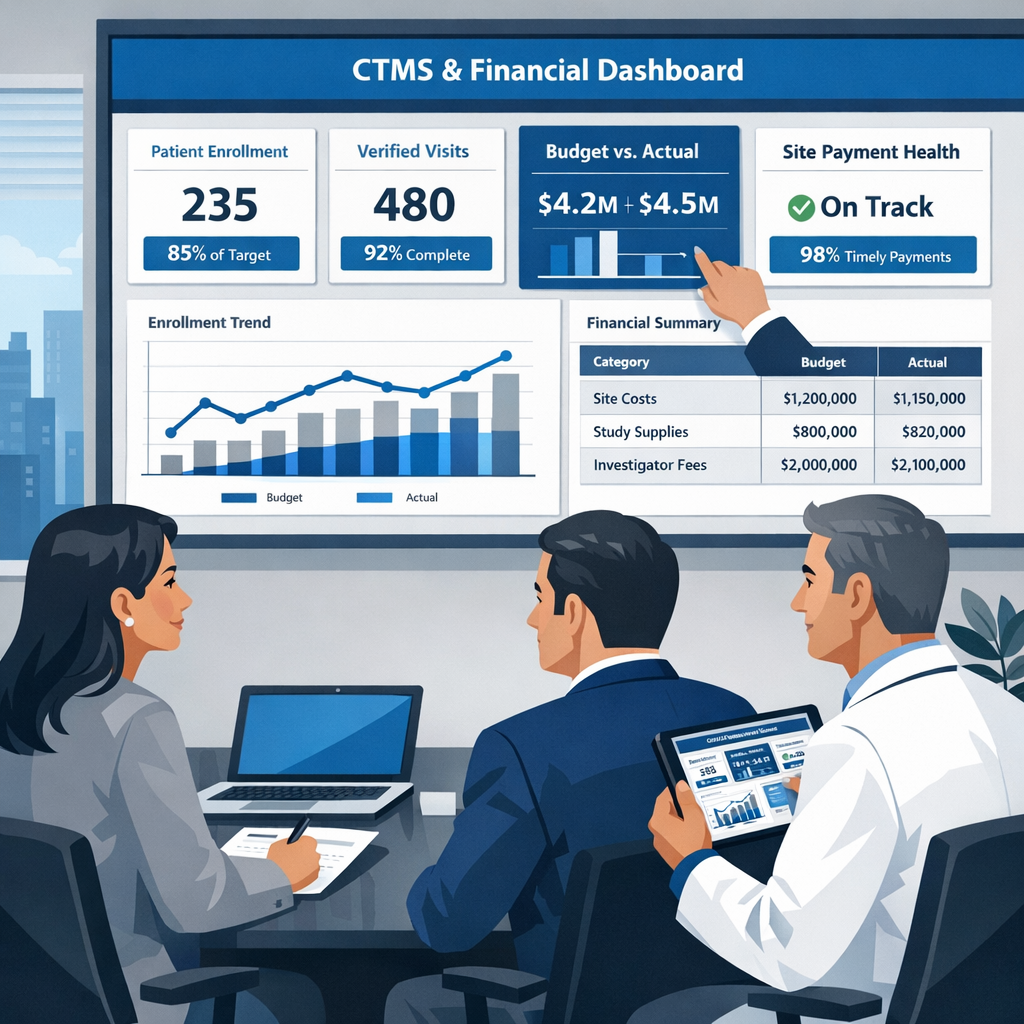 Clinical operations and finance leaders in Cloudbyz colors reviewing a unified CTMS and clinical trial financial management dashboard with KPI tiles for enrollment, verified visits, budget versus actuals, and site payment health.