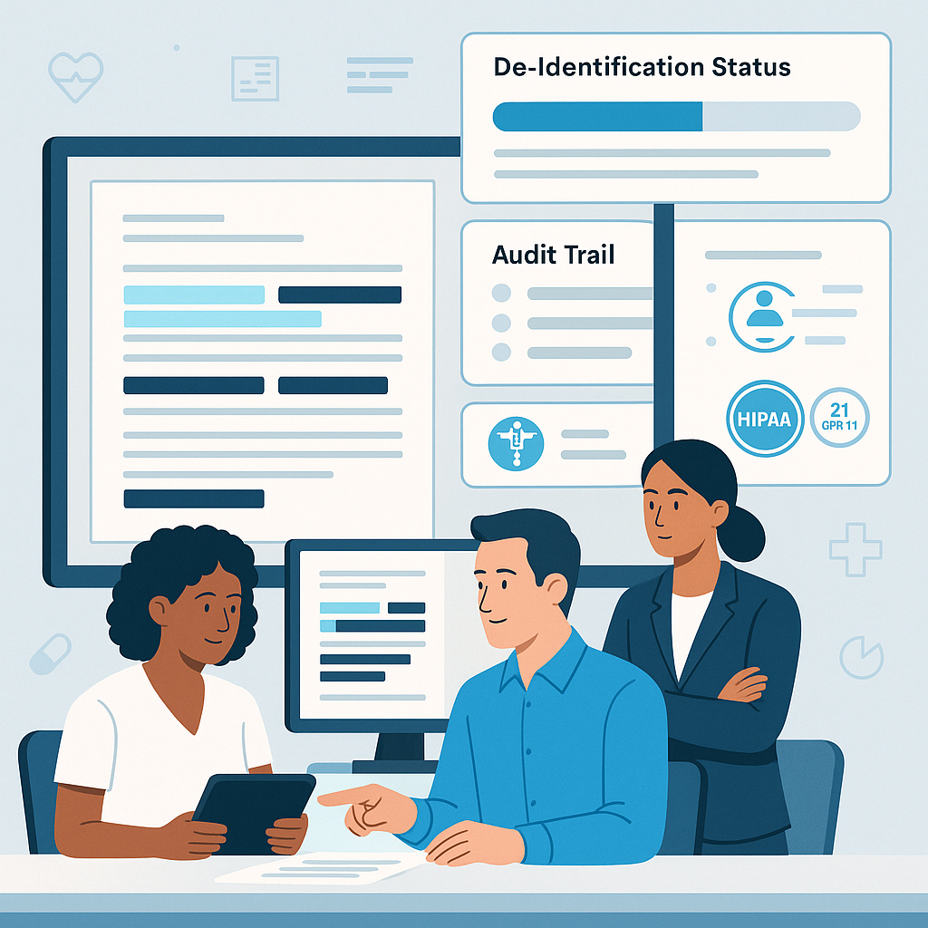 AI-driven eTMF redaction dashboard highlighting and masking PHI/PII fields with compliance badges and an audit trail panel.