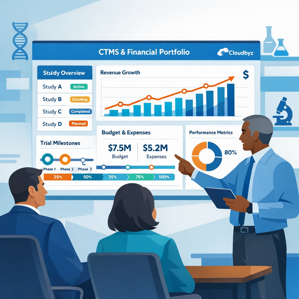 Biotech leaders in Cloudbyz colors looking at a multi-study CTMS and financial portfolio dashboard with growth charts and milestones.