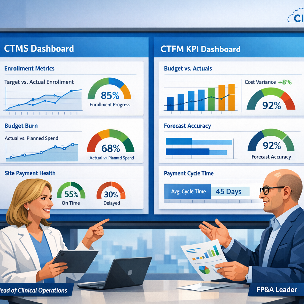 Head of clinical operations and FP&A leader in Cloudbyz colors reviewing CTMS and CTFM KPI dashboards with charts for enrollment, budget burn, and site payments.