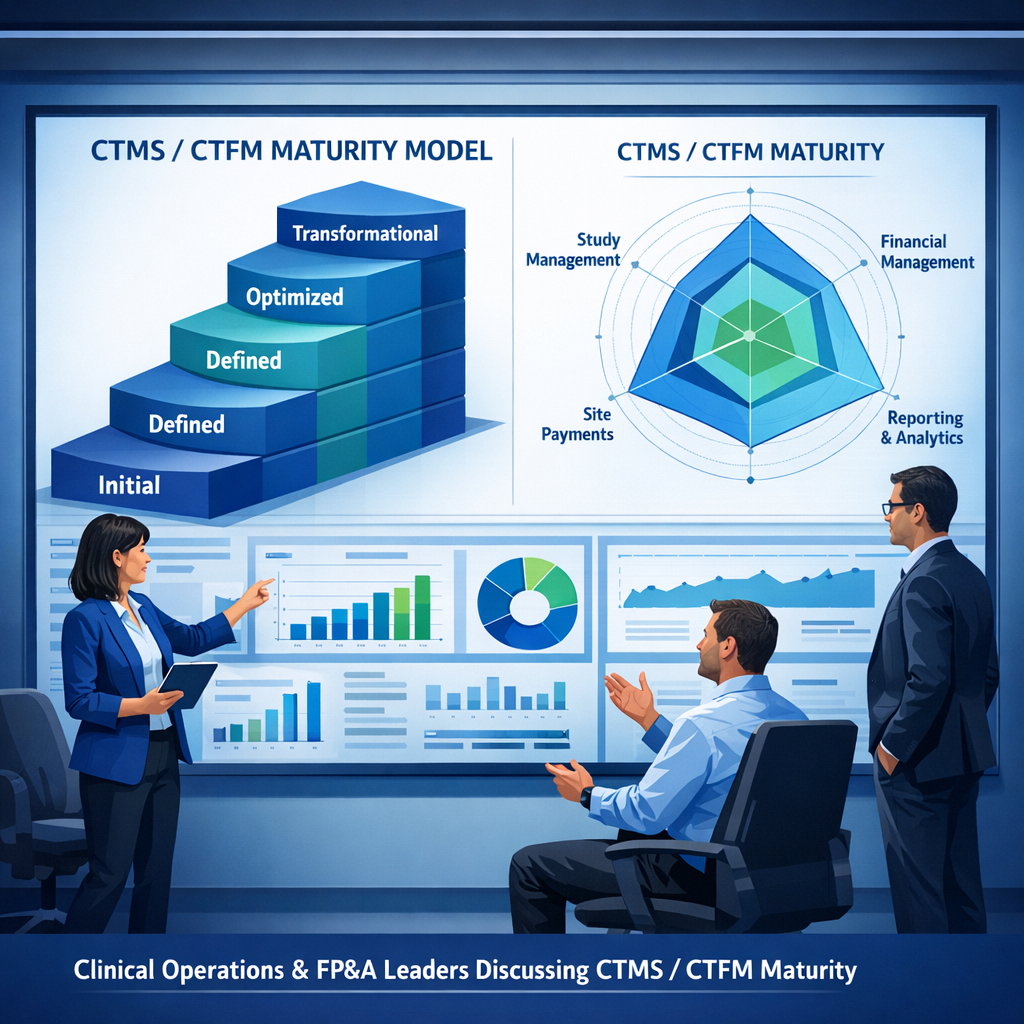 Clinical leaders in Cloudbyz colors reviewing a CTMS and CTFM maturity model dashboard with financial management and site payments axes highlighted.