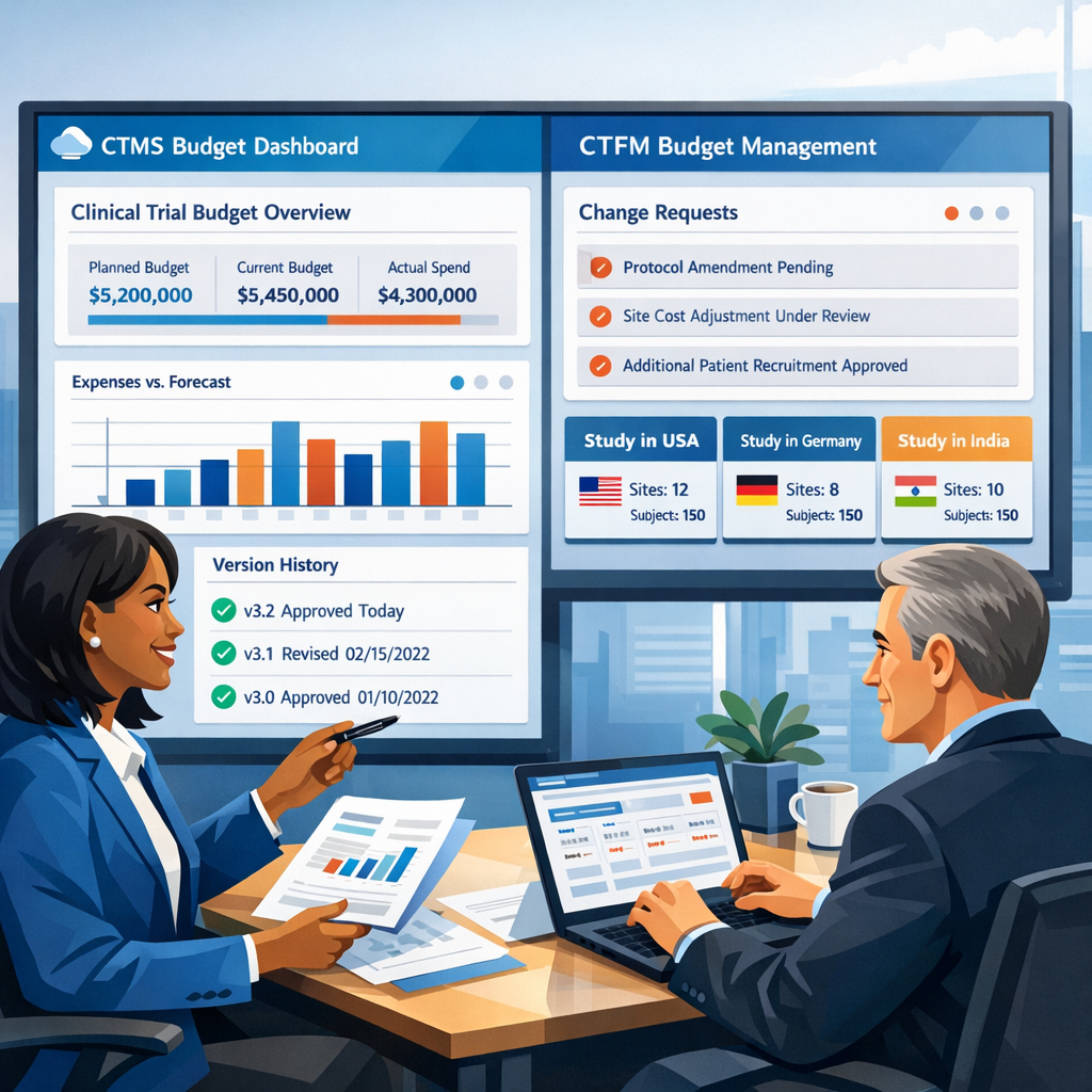 Clinical operations and finance leaders in Cloudbyz colors updating a clinical trial budget on a CTMS and CTFM dashboard with version history, change requests, and multi-country study tiles.
