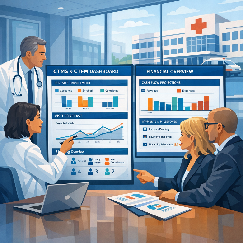 Site investigators and research finance staff in Cloudbyz colors reviewing a CTMS and CTFM dashboard with per-site enrollment, visit forecasts, staffing, and cash flow projections.