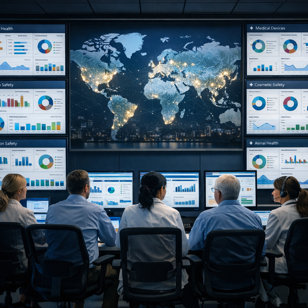 Global safety and pharmacovigilance experts in a command center reviewing a world map and unified Salesforce-style dashboards that show human drug, vaccine, device, cosmetic, nutrition, and animal health safety portfolios on a single safety platform, with no logos or readable text.