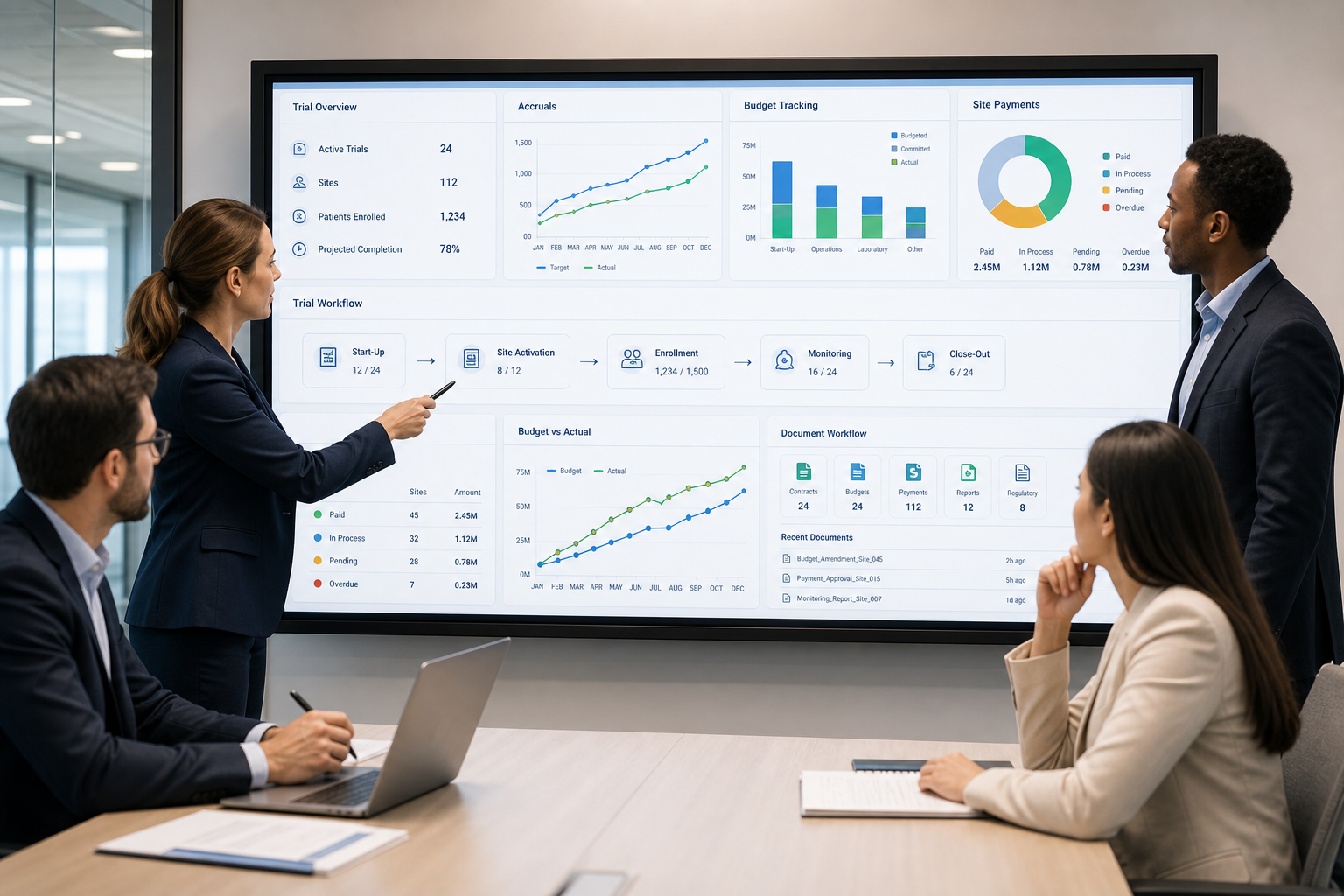 Clinical operations and trial finance leaders collaborating around a large digital dashboard that connects trial activities, site payments, accruals, budget tracking, and document workflows in one platform, with no logos or readable text.