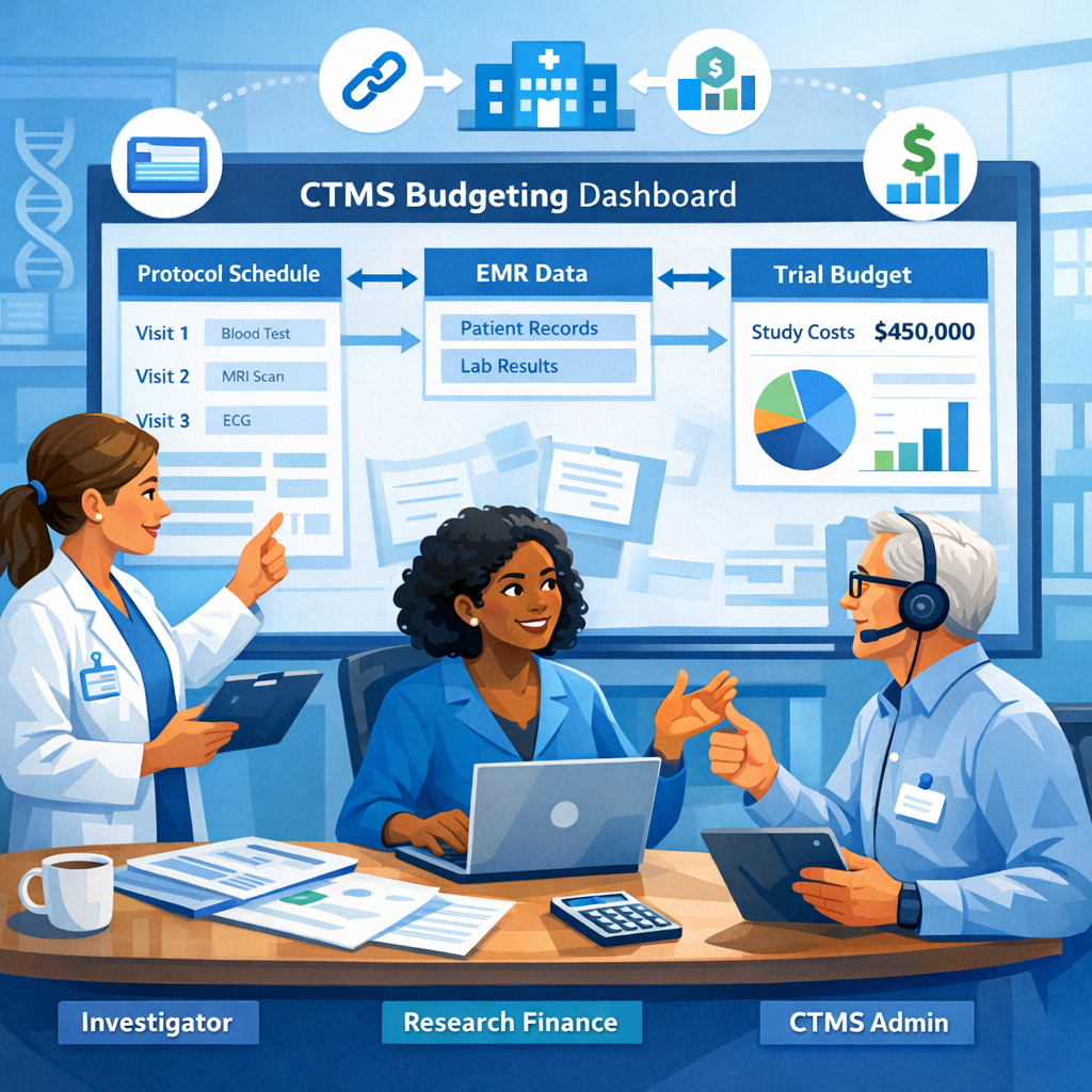 Investigators, research finance analysts, and CTMS administrators in Cloudbyz colors at an academic medical center collaborating around a CTMS budgeting dashboard.