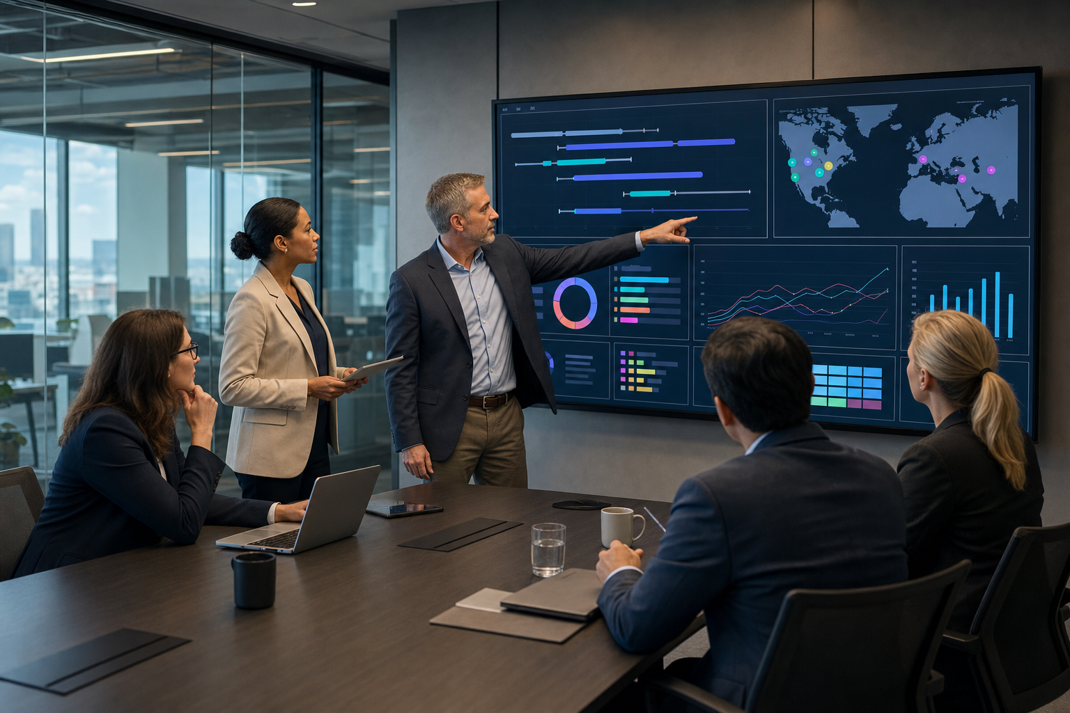 Senior clinical operations leaders reviewing a unified Salesforce-native trial dashboard showing site activation timelines, budget status, accrual trends, and eTMF readiness across US and European sites, with no logos or readable text.