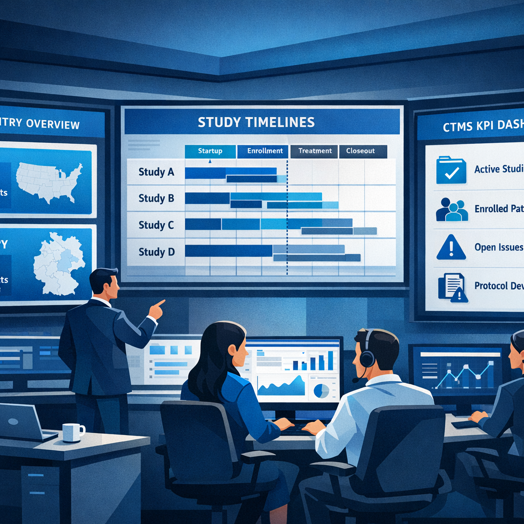 CTMS control room in Cloudbyz colors with country and site cards, Gantt-style study timelines, and CTMS KPIs on large wall screens.