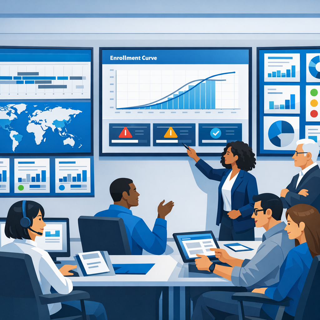 CTMS command center in Cloudbyz colors with study timelines, country and site cards, enrollment curves, and risk indicators on wall screens as a diverse clinical operations team collaborates.