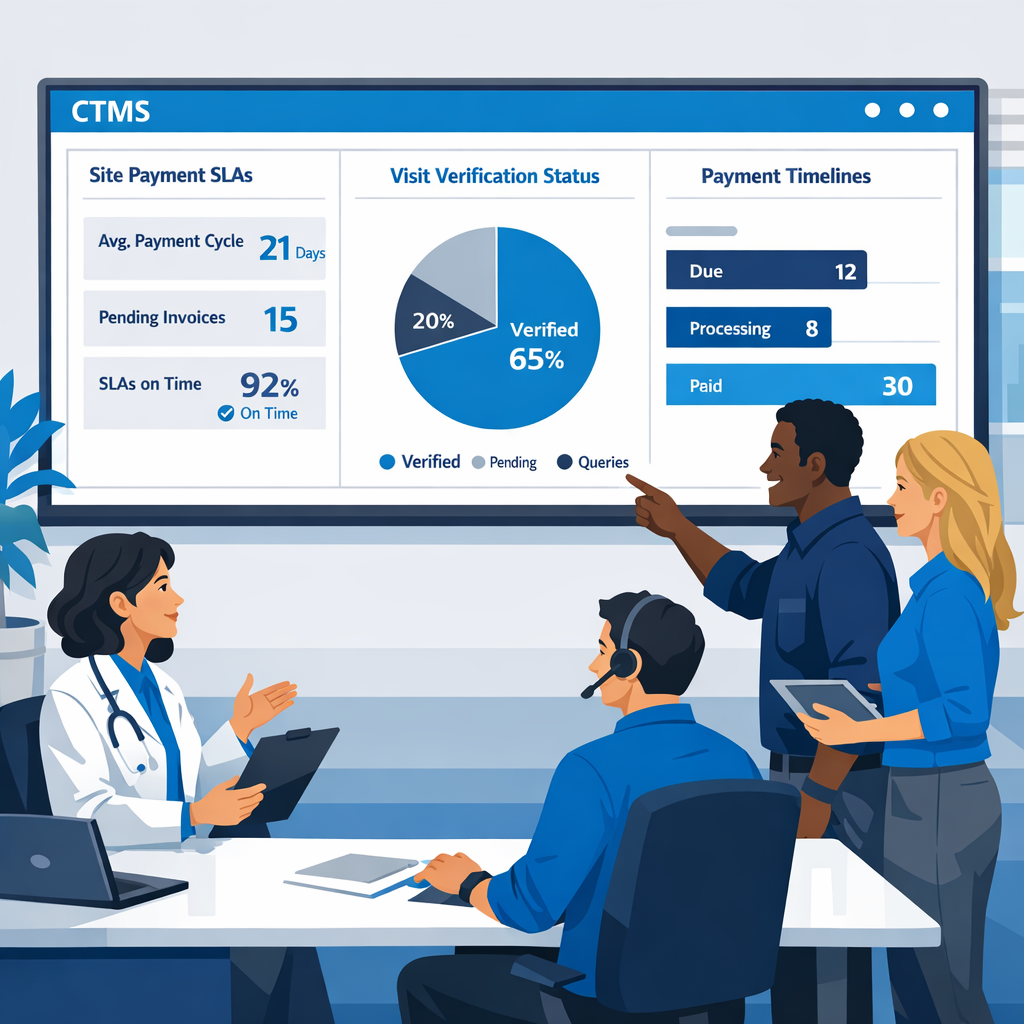 Clinical operations staff and site coordinators in Cloudbyz colors viewing a CTMS dashboard that shows site payment SLAs, visit verification status, and payment timelines.
