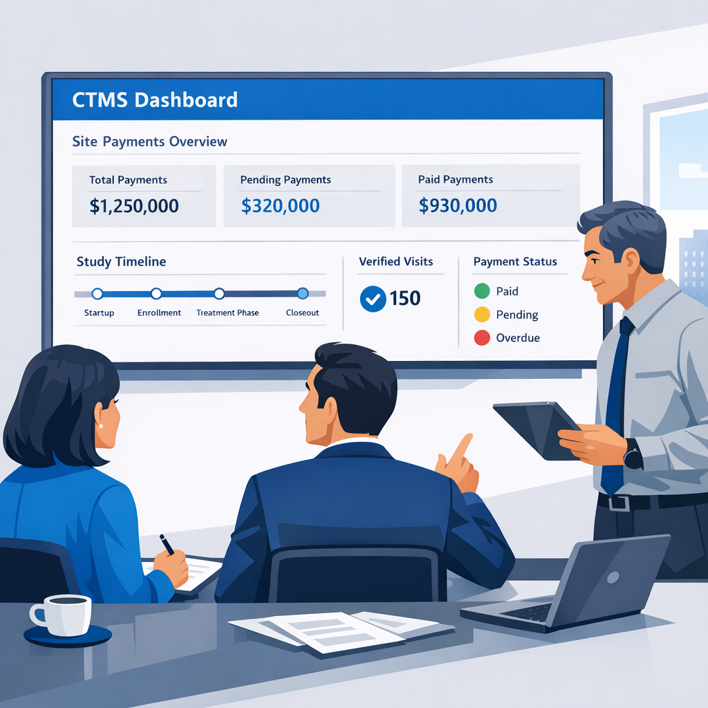 Clinical operations and finance leaders in Cloudbyz colors reviewing a CTMS dashboard focused on site payments, with study timelines, verified visits, and payment status indicators.