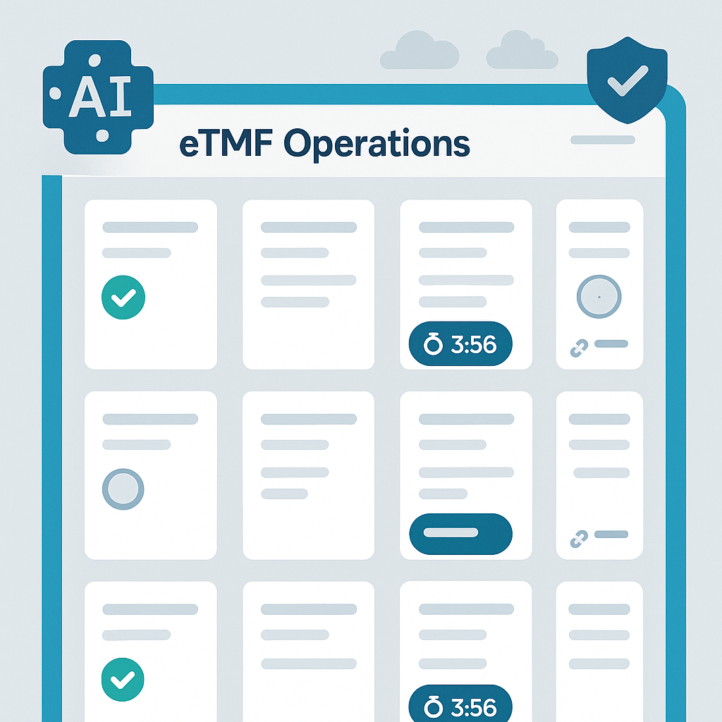 Enterprise eTMF dashboard with AI-assisted completeness badges, SLA timers, and evidence links.