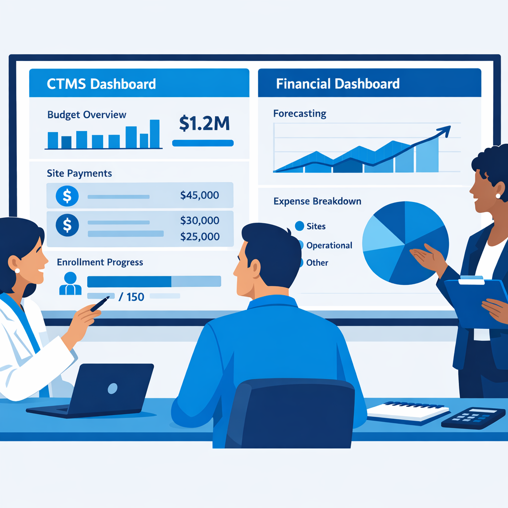 Clinical operations and finance leaders in Cloudbyz colors reviewing a CTMS and CTFM dashboard with charts for clinical trial budgets, site payments, and forecasts.