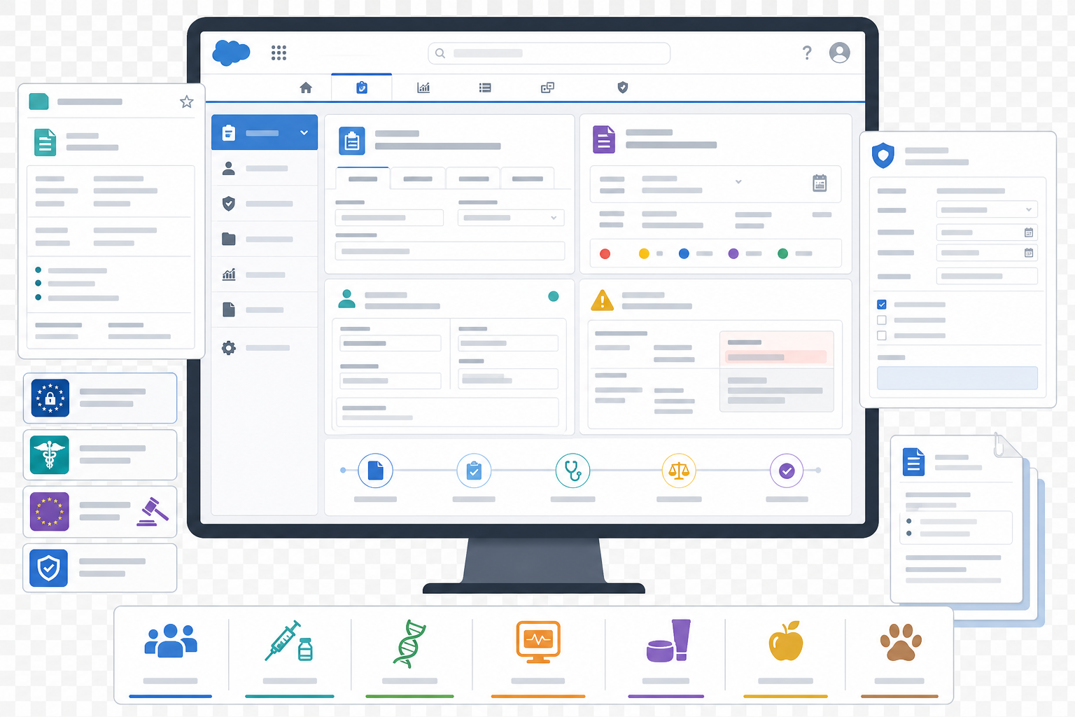 3:2 neutral Salesforce-style pharmacovigilance safety workspace showing multivigilance tabs (human, vaccine, biologic, device, cosmetic, nutrition, veterinary) and safety documents with blurred identifiers plus subtle GDPR, HIPAA, and EMA Policy 0070 icons, with no logos or readable patient data.