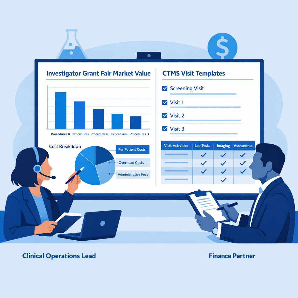 Clinical operations lead and finance partner in Cloudbyz colors reviewing investigator grant fair market value charts and CTMS visit templates on a large digital screen.