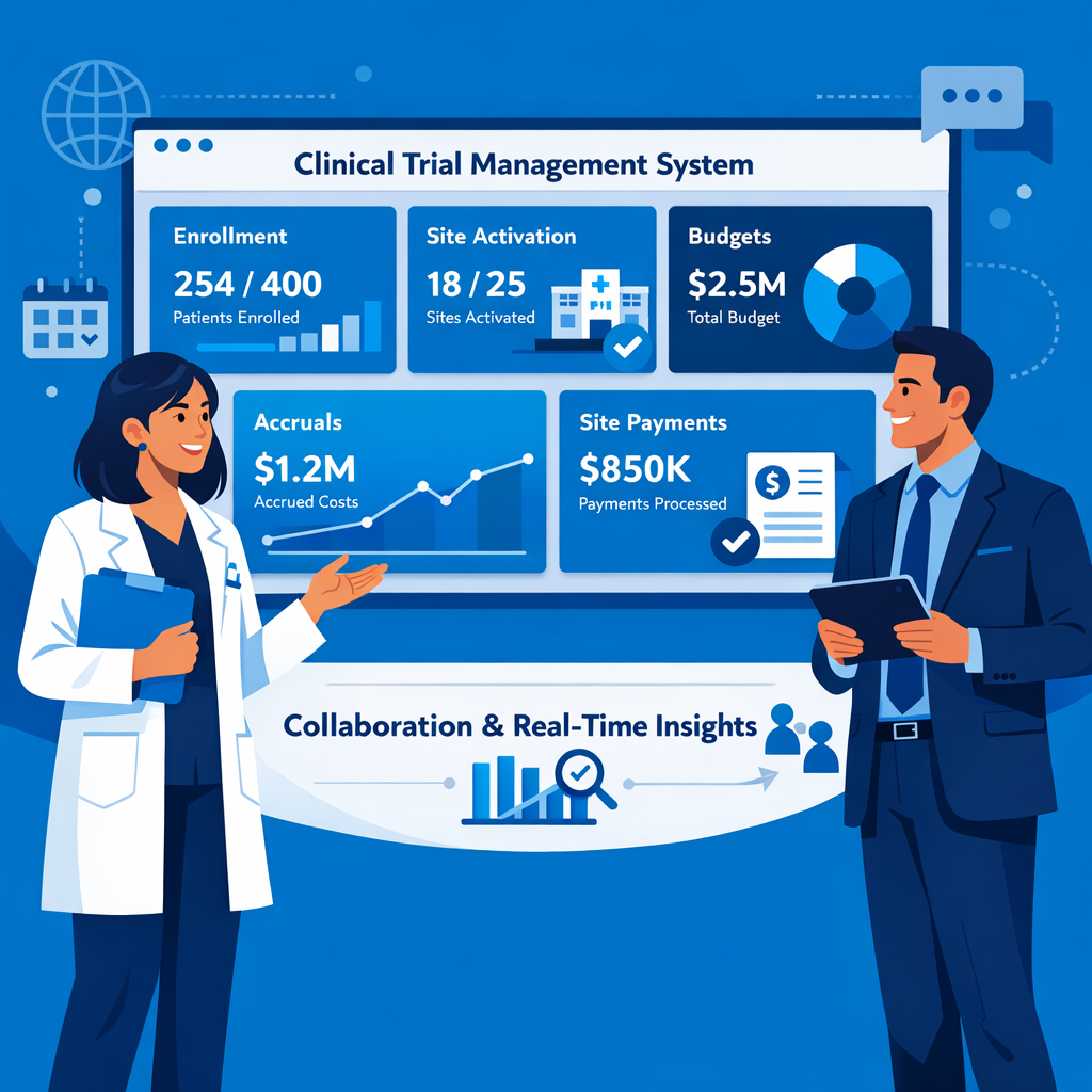Clinical operations and finance leaders in Cloudbyz brand colors standing in front of an integrated clinical trial management system dashboard with tiles for enrollment, site activation, budgets, accruals, and site payments.