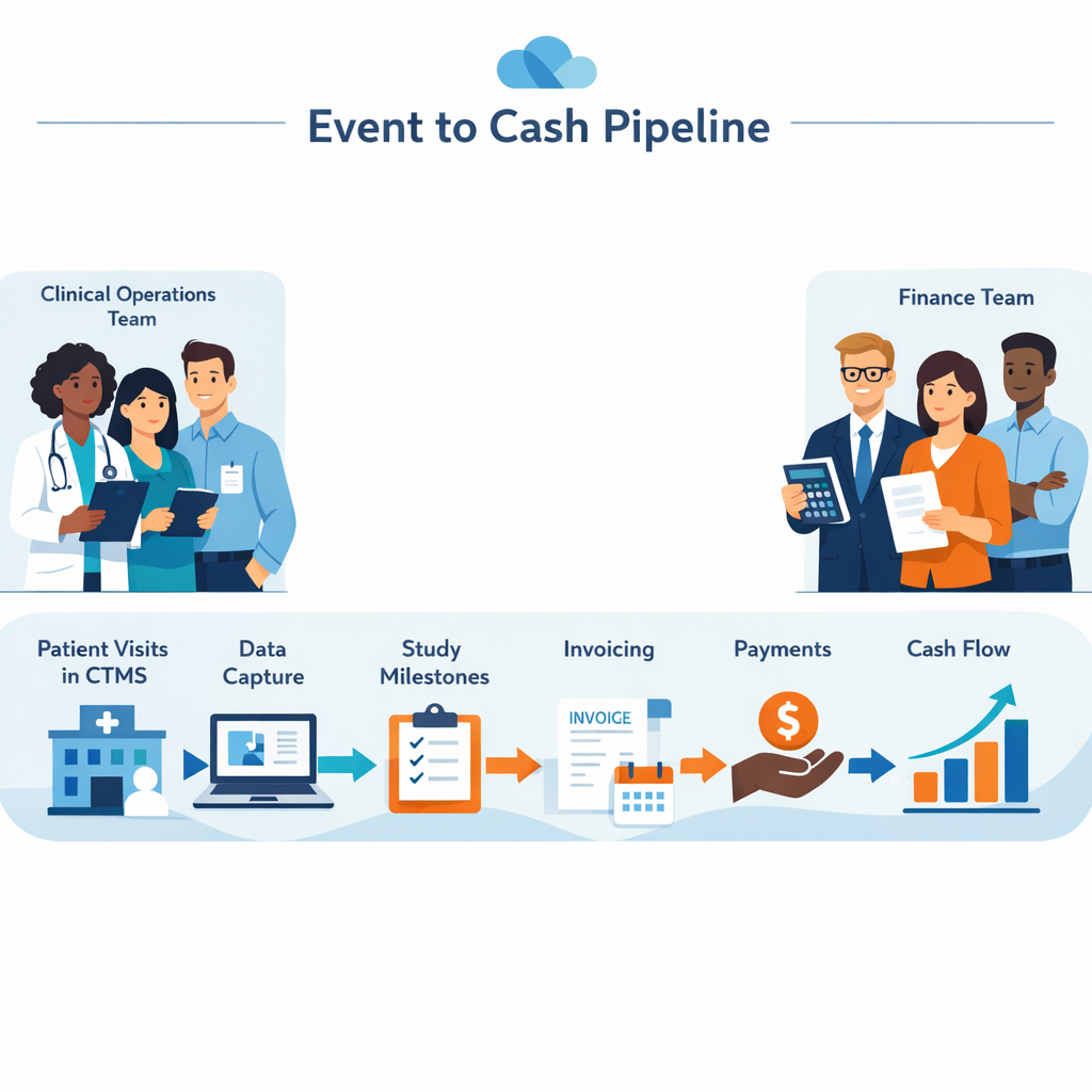 Clinical operations and finance teams in Cloudbyz colors standing along a stylized pipeline that flows from CTMS patient visits to payments and cash flow charts.
