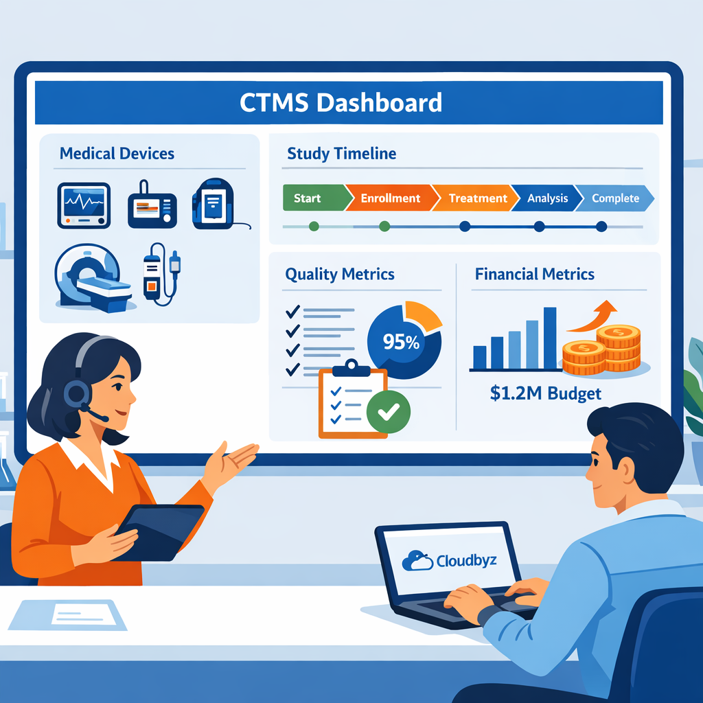 Medical device clinical trial managers and data managers in Cloudbyz brand colors reviewing a CTMS dashboard with device icons, study timelines, and quality and financial metrics.